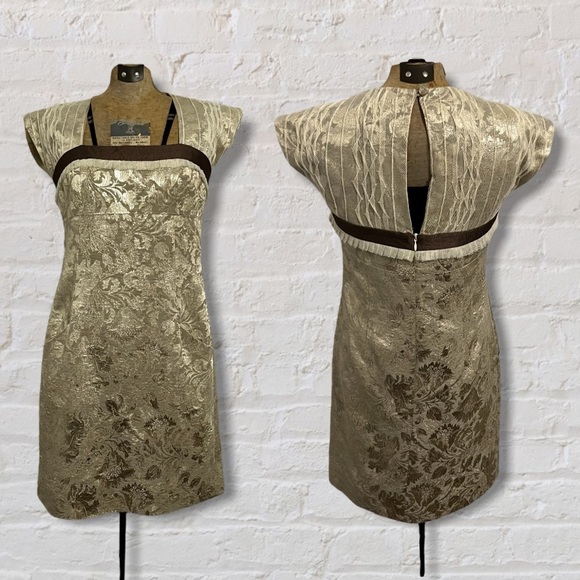 Signette Metallic Gold Floral Brocade Beige Lace Cap Sleeve Empire Waist Dress - Picture 1 of 12